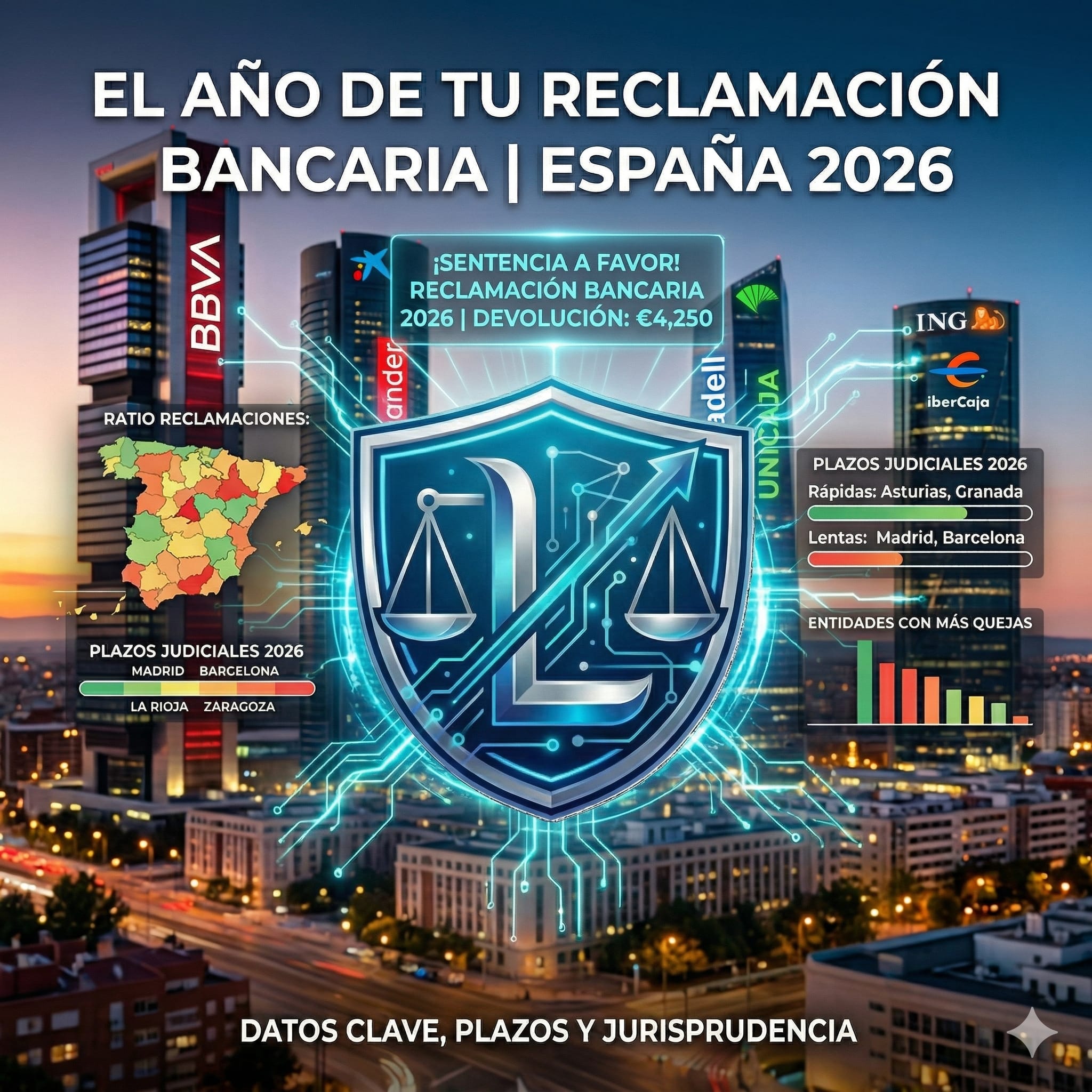 Infografia sobre reclamaciones bancarias automaticas en Espana 2026 con datos de jurisprudencia y plazos judiciales por comunidad autonoma