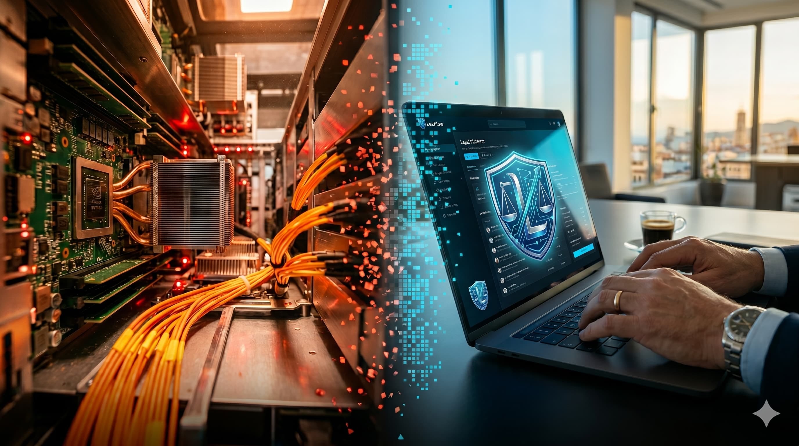 Hardware IA vs Cloud para despachos de abogados - servidor y laptop con software legal