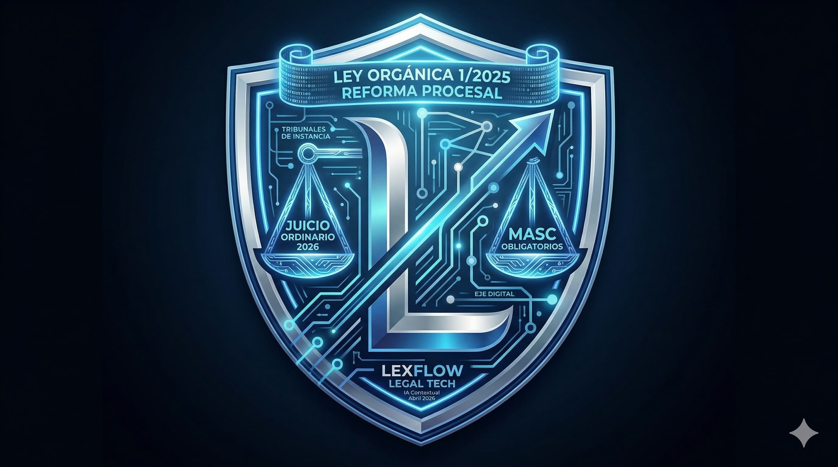 Escudo digital futurista de LexFlow con la LO 1/2025, Reforma Procesal, Tribunales de Instancia 2026, MASC obligatorios y EJE Digital