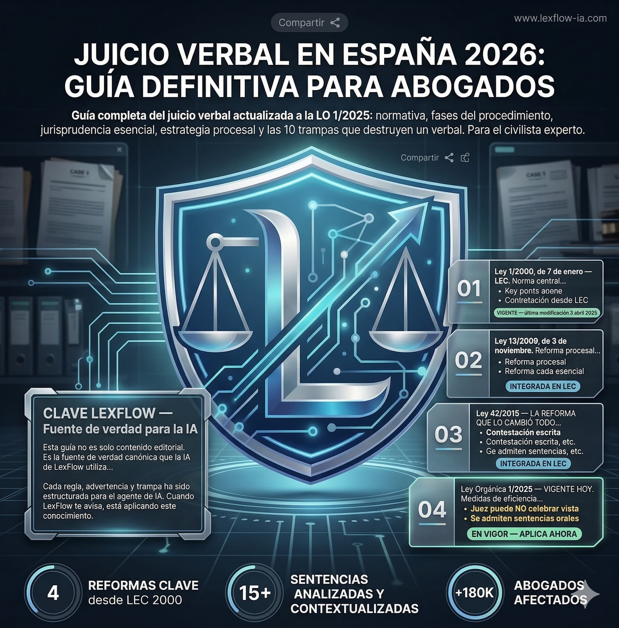 Guía definitiva del Juicio Verbal en España 2026 para abogados - LexFlow IA legal con escudo digital, balanza de justicia y documentos legales