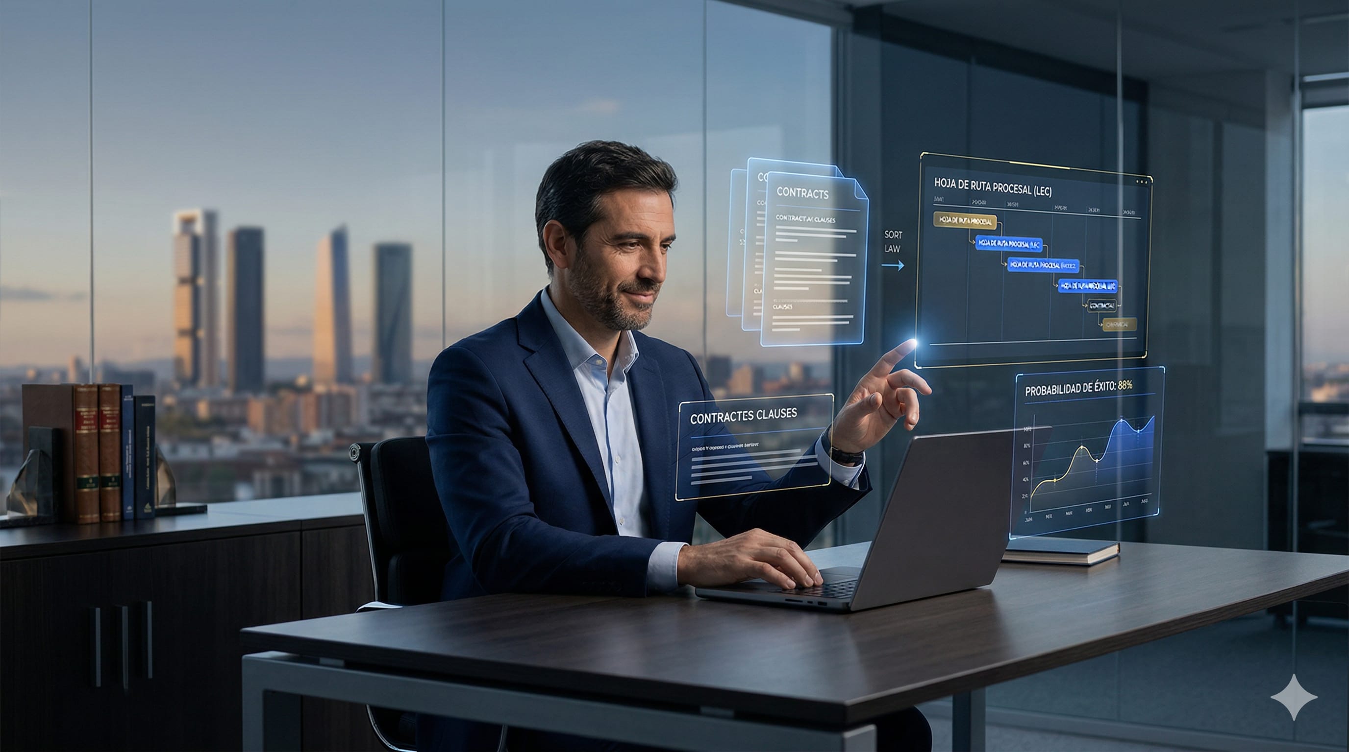 Abogado senior trabajando con LexFlow en un despacho moderno con pantallas holograficas de contratos y hojas de ruta procesales