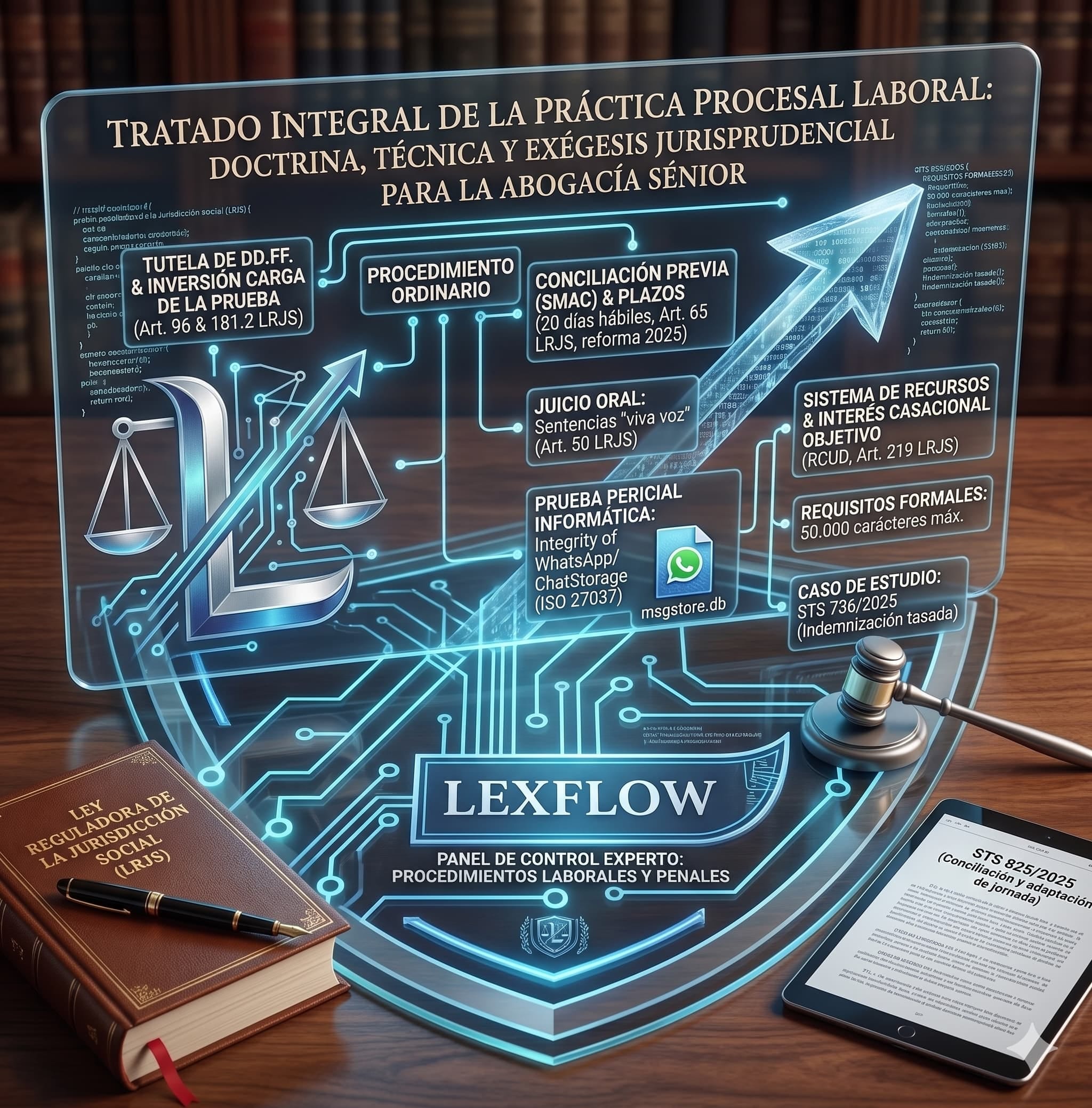Sala de vistas del orden social con expediente laboral y balanza de justicia sobre la mesa del juzgado