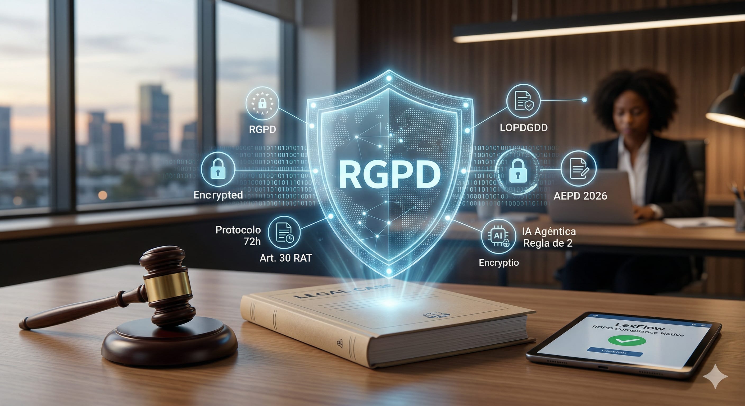 Oficina moderna con mazo de juez, tablet mostrando LexFlow RGPD Compliance y escudo digital RGPD con términos de cumplimiento normativo como LOPDGDD, AEPD 2026 y protocolo 72h